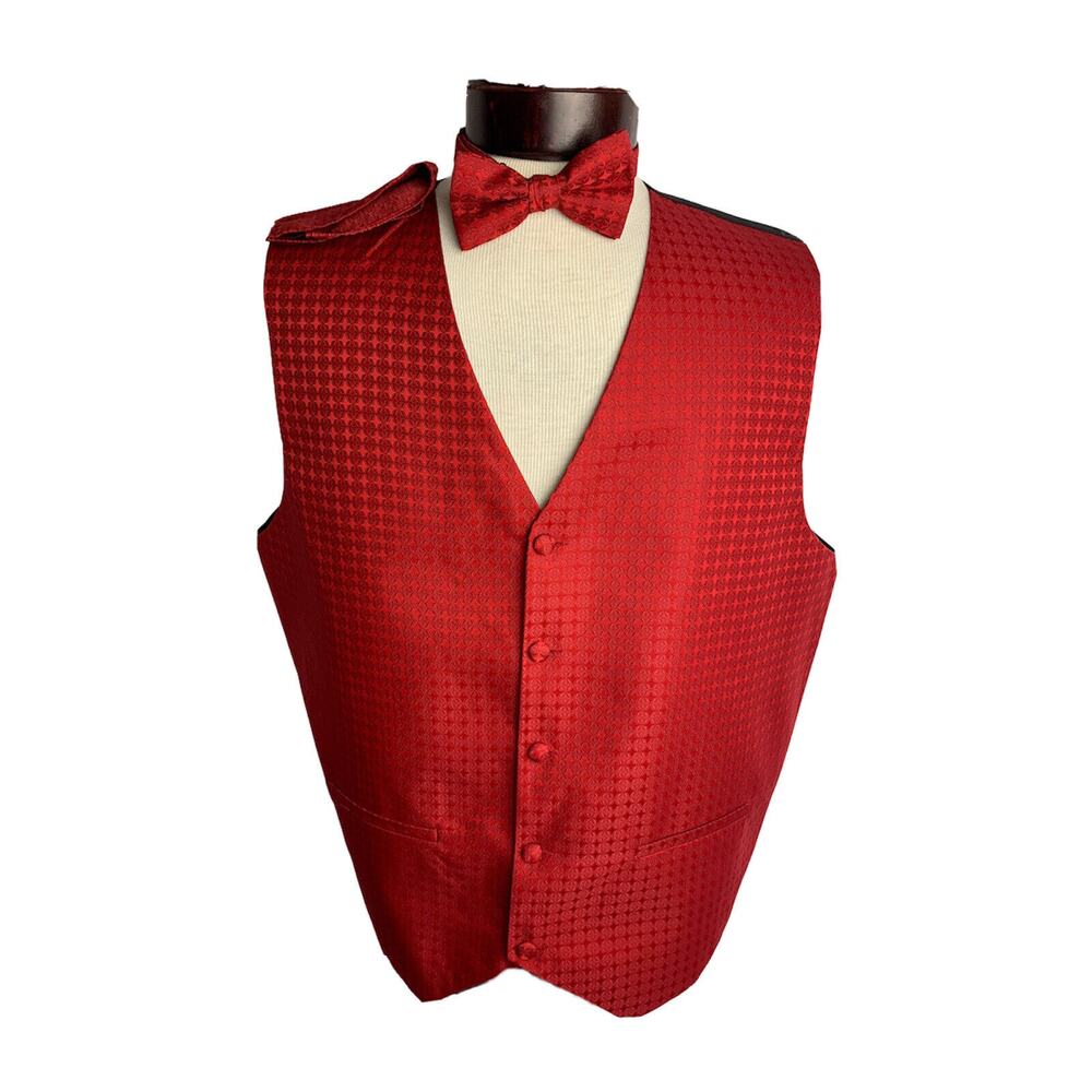XL Umo Lorenzo Red Satin Men's‎ Formalwear Vest Bow Tie and Pocket Square